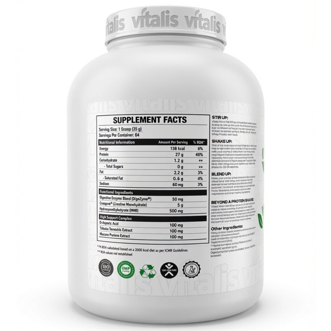Vitalis NITRO HGH Whey Protein – Chocolate Flavour | 27g Protein | 64 Servings | 5 lb (2.27 kg)